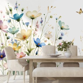 Самозалепващ тапет – Пастелни цветя и летящи пеперуди