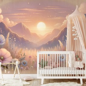 Тапет – Пастелен пейзаж с цветя при залез