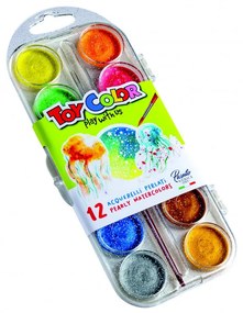 Водни бои Toy Color Pearly, Перлени, С брокат, 12 цвята с четка