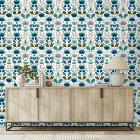 Тапет – Сини цветя на бял фон