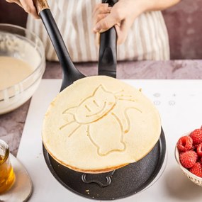 Тиган за палачинки Klausberg KB 7973, 18 см, Релефно дъно с котенце, Незалепващо покритие, Без PFOA, Индукция, Черен