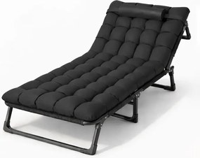 Черно туристическо легло, къмпинг шезлонг 180 см с възглавница и облегалка за глава