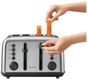 Тостер за хляб BUYDEEM DT640E, 1800W, 4 слота, 7 автоматични програми, 7 степени на препичане, LED индикатори, Тави за трохички, Високо изскачане, Инокс