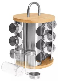 Бурканчета за подправки на стойка Klausberg KB 7552, 12бр. бурканчета, Бамбук и стомана, Инокс/кафяв