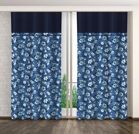 Синя завеса с бели и сини цветя и тъмносин кант Ширина: 160 см | Дължина: 270 см