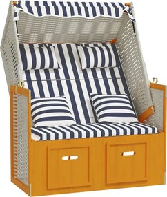 318664 vidaXL Strandkorb с възглавници, полиратан и дърво масив, бяло и синьо