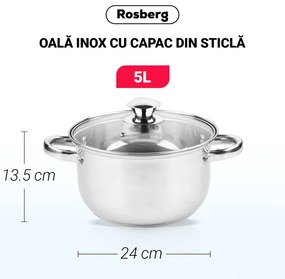 Тенджера Rosberg R51210O24, 5L, 24 см, Стъклен капак с отвор за пара, Инокс