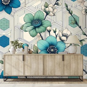 Тапет – Сини цветя с геометричен фон