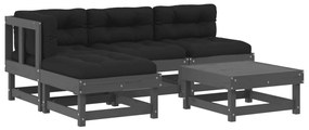 3186041 vidaXL Градински комплект с възглавници, 5 части, сив, дърво масив