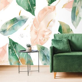 Тапет – Акварелни зелено-прасковени листа