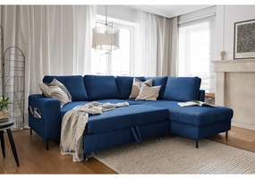 Тъмносин разтегателен ъглов диван от рипсено кадифе (десен ъгъл) Lofty Lilly – Miuform