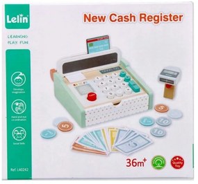 Lelin Toys - Детски дървен касов апарат с баркод четец