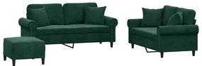 3202242 vidaXL Комплект дивани 3 части с възглавници, тъмнозелен, кадифе