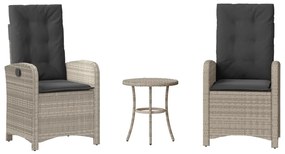 365182 vidaXL Бистро комплект с възглавници 3 части светлосив полиратан