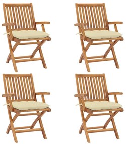 3072740 vidaXL Сгъваеми градински столове с възглавници, 4 бр, тик масив