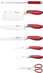 Комплект ножове с поставка ZILNER ZL 5121, 8 части, Точило, Ножици, Неръждаема стомана, Червен