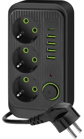 Разклонител за контакти с превключвател LINEA 3x230V + 5xUSB A/C SCHUKO 3 m черен