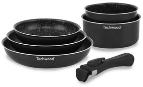 Разопакован: Комплект тенджери и тигани Techwood TSA-6611P, 6 ч, Сваляща се дръжка, Незалепващо покритие, Без PFOA, Индукция, Черен