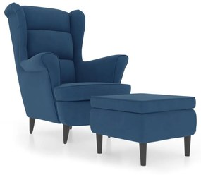 3115930 vidaXL Фотьойл Wingback с табуретка, син, кадифе