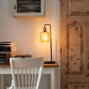 Дизайнерска настолна лампа черна с месинг и кехлибарено стъкло - Zuzanna