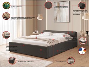 Тъмносиво тапицирано двойно легло с място за съхранение и включена подматрачна рамка 180x200 cm Cille – Ropez