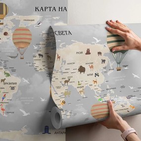 Фототапет Карта на Света – Животни и Балони (Български Език)