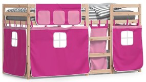 3283939 vidaXL Двуетажно легло със завеси розово 90x190 см масивен бор масив