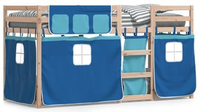 3283911 vidaXL Двуетажно легло със завеси синьо 75x190 см масивно борово дърво