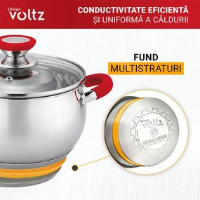 Тенджера Oliver Voltz OV51210N26, 26 см, 7.7 л, Индукция, Силиконови дръжки, Инокс/червен