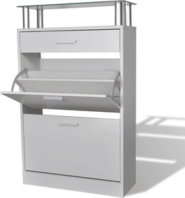 241244 vidaXL Шкаф за обувки с чекмедже и горен стъклен плот, дърво, бял