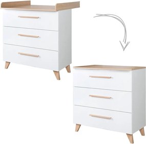 Бял детски скрин в дъбов декор с маса за преповиване 88,5x99x76 cm Léon – Roba