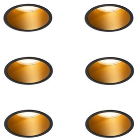 Set van 6 moderne inbouwspots zwart met goud GU10 70mm IP44 - Dept