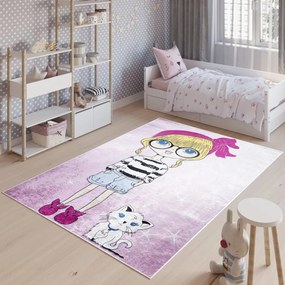 Детски килим за момичешка стая с млада дама и котка Ширина: 120 см | Дължина: 170 см