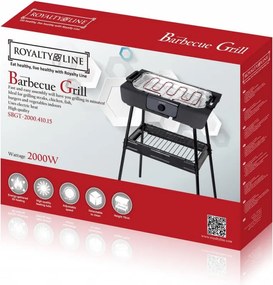 Електрическа скара Royalty Line RL-SBGT2000, 2000W, 38х28 см, Сгъваема стойка, 200C, Термостат, Тава за отцеждане, Черен