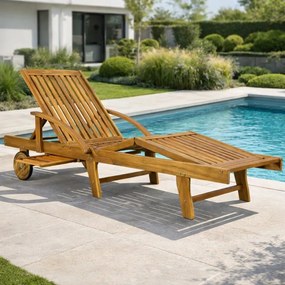 Градински шезлонг с колела и издърпваща се масичка 195,5 x 69 x 85 cm