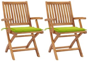 3062417 vidaXL Градински столове, 2 бр, яркозелени възглавници, тик масив
