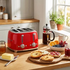 Тостер за хляб SMEG 50's Style TSF03RDEU, 2000W, 4 филии, 6 нива, Тавичка за трохи, Вграден кабел, Неръждаема стомана, Червен