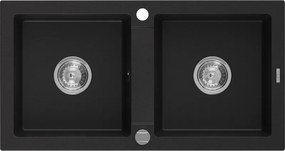 Mexen Mario гранитна мивка с 2 отделения 820 x 436 mm, черна, хромиран сифон - 6504822000-77