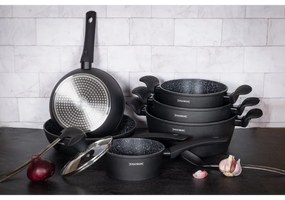 Комплект тенджери и тигани Royalty Line FD10, 10 части, Лят алуминий, Greblon мраморно покритие, Индукция, Черен