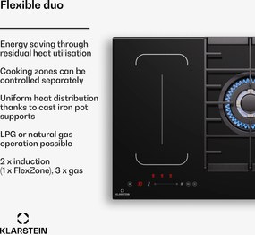 Klarstein MultiChef 5, индукционен и газов готварски плот, 5 зони за готвене, 3 газови горелки, 2 индукционни котлона, FlexZone