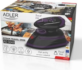 Парна ютия за пътуване Adler AD 5049, 420W, 30 мл, Керамична плоча, Парно и сухо гладене, Черен/Лилав