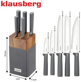 Комплект ножове Klausberg KB 7982, 6 части, Неръждаема стомана, Стойка от акациево дърво, Графит/кафяв