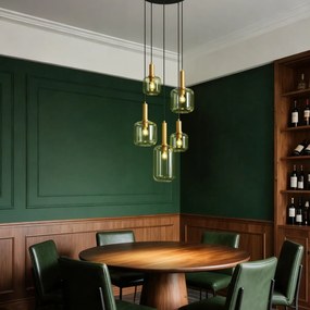 Хотелски шик висяща лампа черна и златна със зелено стъкло 5-лампи - Zuzanna