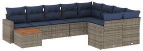 3256621 vidaXL Градински диван с възглавници, 10 части, полиратан, сив