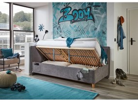 Сиво тапицирано ъглово детско легло 140x200 cm с място за съхранение с включена подматрачна рамка Fun – Meise Möbel