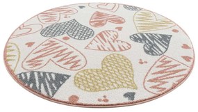 Очарователен кремав детски кръгъл килим със сърца