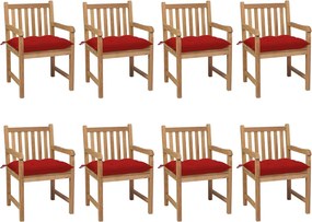 3073079 vidaXL Градински столове, 8 бр, с червени възглавници, тик масив