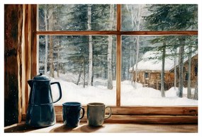 Картина на платно Коледна – Гледка от уютна горска хижа