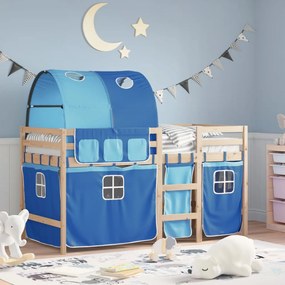 3283854 vidaXL Детско високо легло с тунел, синьо, 90x190 см, бор масив