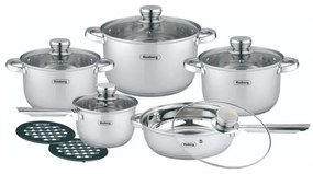 Комплект тенджери и тигани Rosberg R51210L12BM, 12 части, Многослойно дъно, Неръждаема стомана, Сребрист